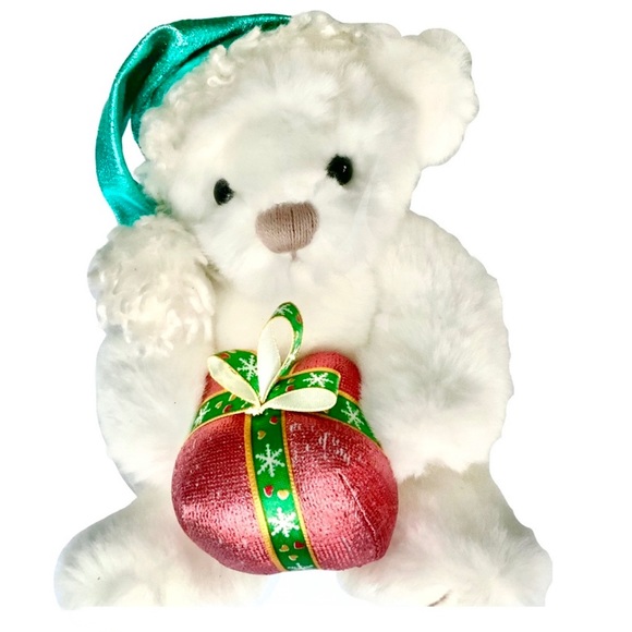 🆕 1st & Main White Plush Teddybear w/Metallic Santa Hat & Present NWT - Picture 7 of 9